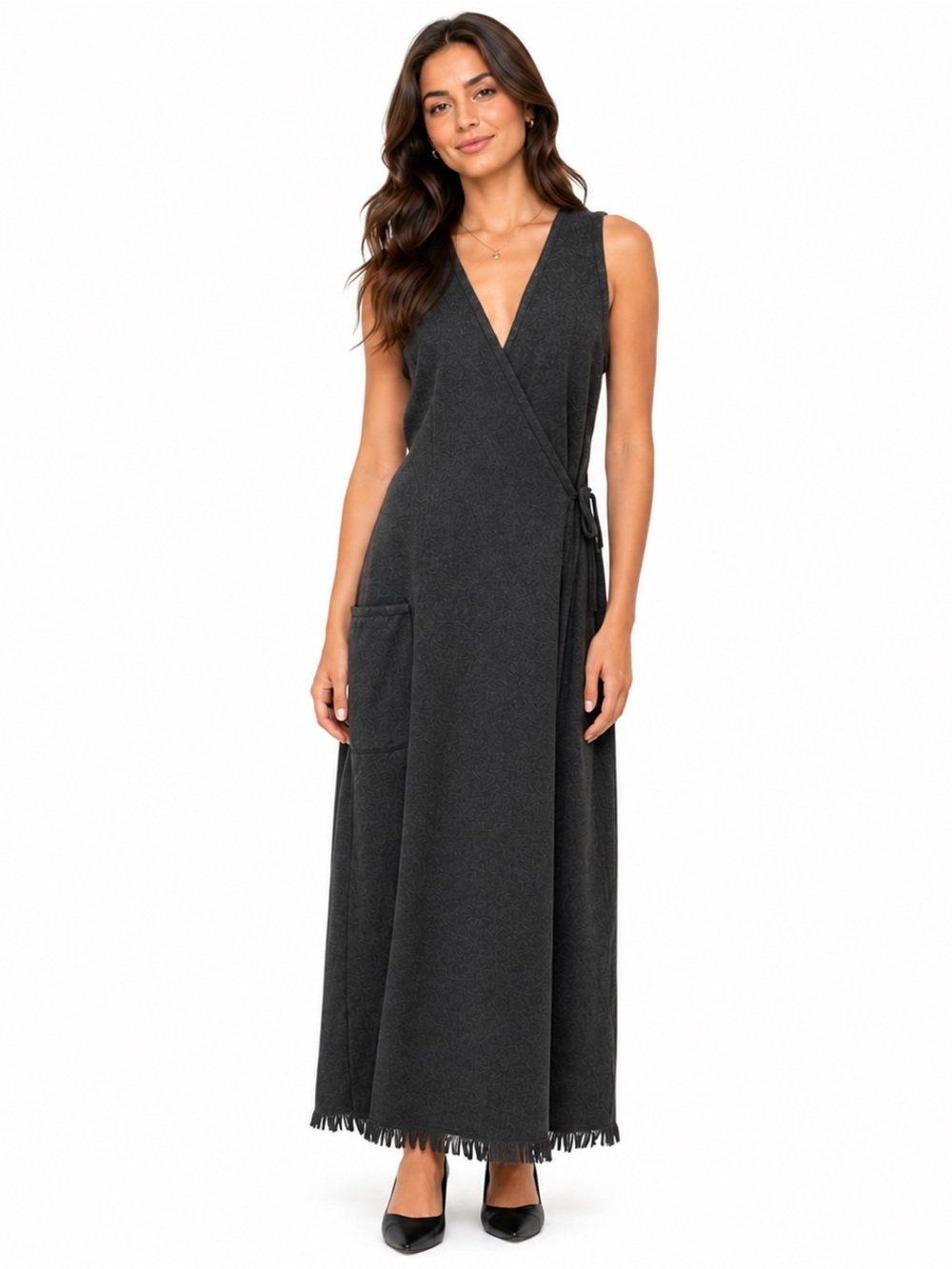 Eddie Bauer Wool Blend Wrap Maxi Dress Gray Fringe Hem Size M